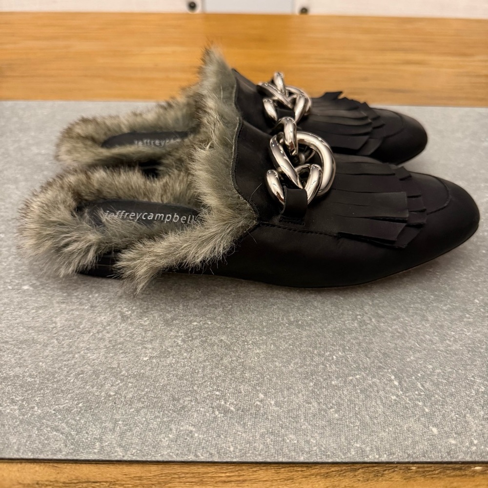 Jeffrey Campbell Leather Faux Fur Mule Slide Loafers Chunky Buckle Size 6 - Picture 5 of 12